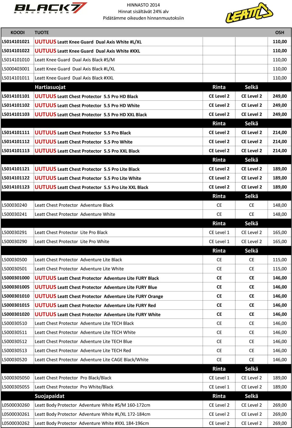 5 Pro HD Black CE Level 2 CE Level 2 249,00 L5014101102 UUTUUS Leatt Chest Protector 5.5 Pro HD White CE Level 2 CE Level 2 249,00 L5014101103 UUTUUS Leatt Chest Protector 5.