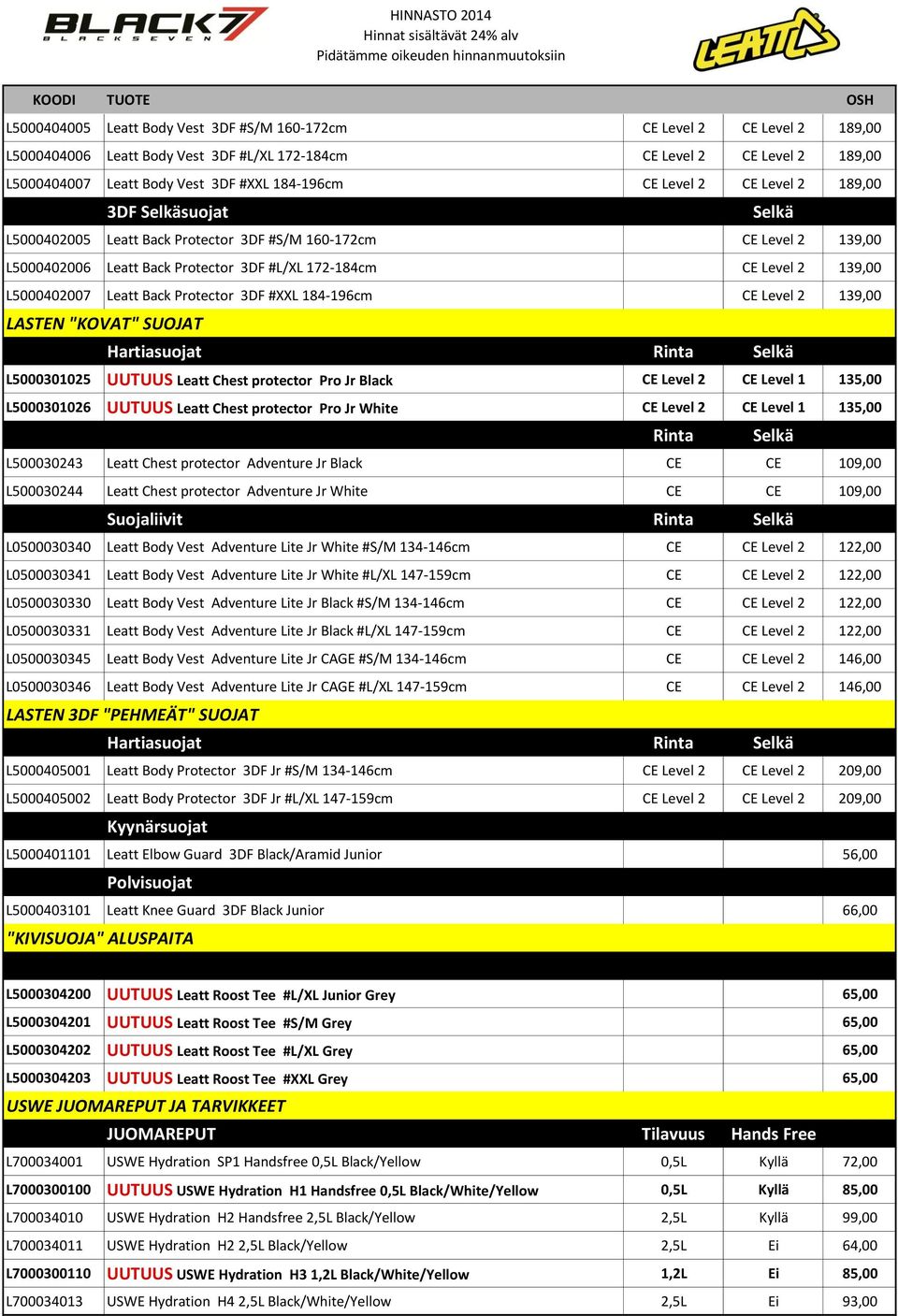 L5000402007 Leatt Back Protector 3DF #XXL 184-196cm CE Level 2 139,00 LASTEN "KOVAT" SUOJAT Hartiasuojat L5000301025 UUTUUS Leatt Chest protector Pro Jr Black CE Level 2 CE Level 1 135,00 L5000301026