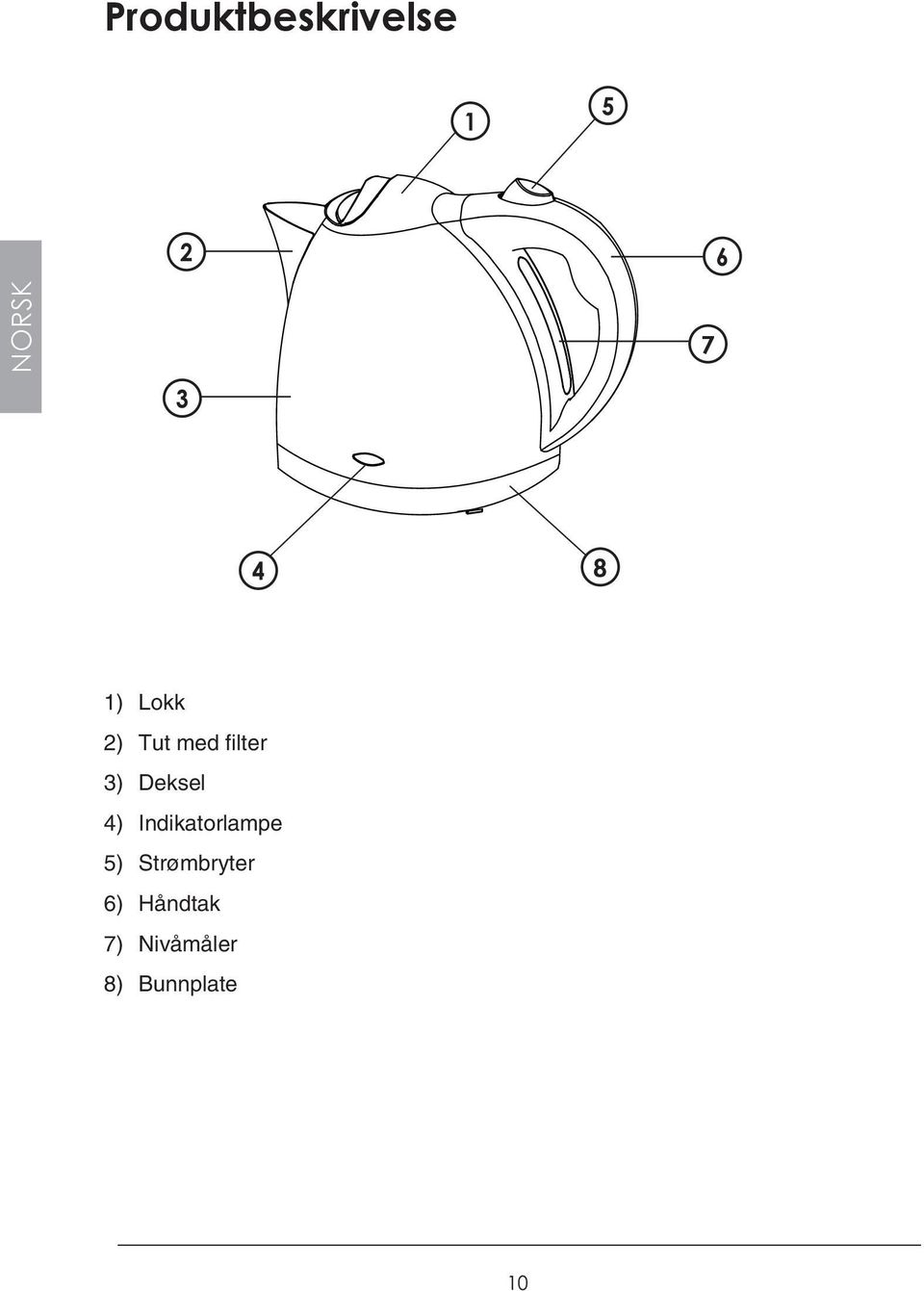 4) Indikatorlampe 5) Strømbryter