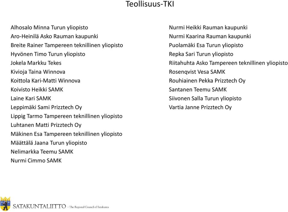 Tampereen teknillinen yliopisto Määttälä Jaana Turun yliopisto Nelimarkka Teemu SAMK Nurmi Cimmo SAMK Nurmi Heikki Rauman kaupunki Nurmi Kaarina Rauman kaupunki Puolamäki Esa Turun yliopisto