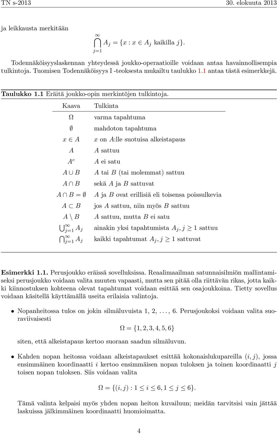 Kaava Tulkinta Ω varma tapahtuma mahdoton tapahtuma x A x on A:lle suotuisa alkeistapaus A A sattuu A c A B A B A B = A B A \ B j=1 A j j=1 A j A ei satu A tai B (tai molemmat) sattuu sekä A ja B