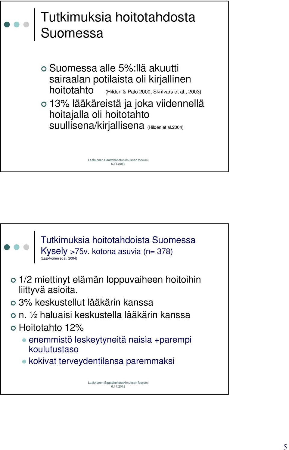 2004) Tutkimuksia hoitotahdoista Suomessa Kysely >75v. kotona asuvia (n= 378) (Laakkonen et al.