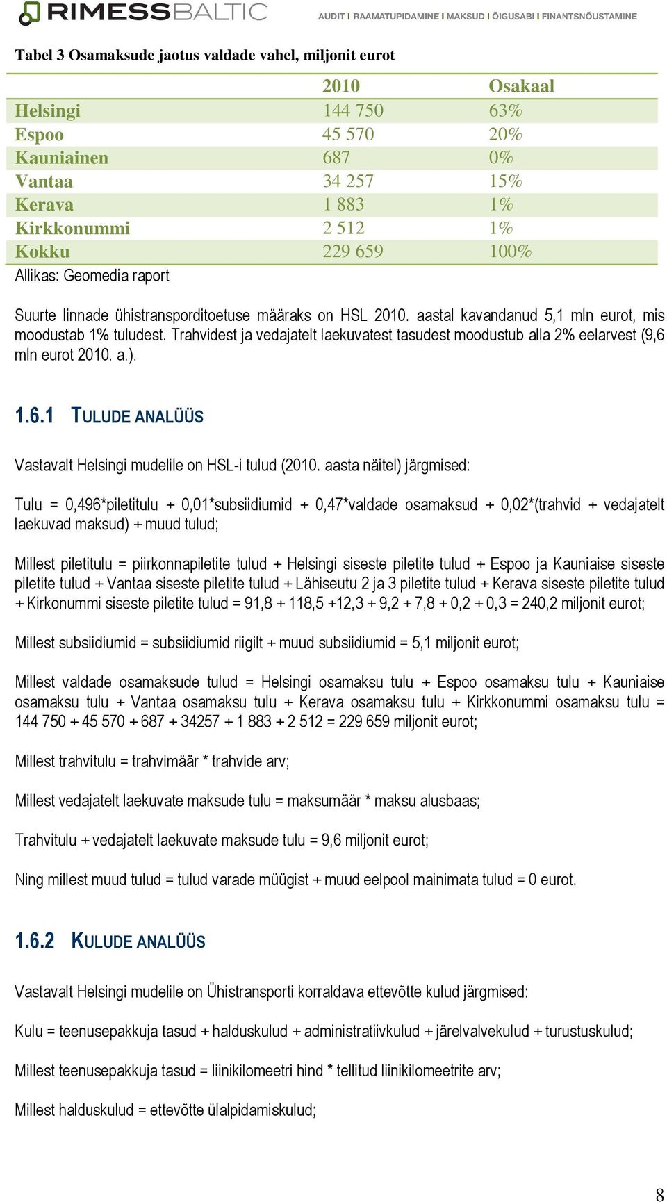 Trahvidest ja vedajatelt laekuvatest tasudest moodustub alla 2% eelarvest (9,6 mln eurot 2010. a.). 1.6.1 TULUDE ANALÜÜS Vastavalt Helsingi mudelile on HSL-i tulud (2010.