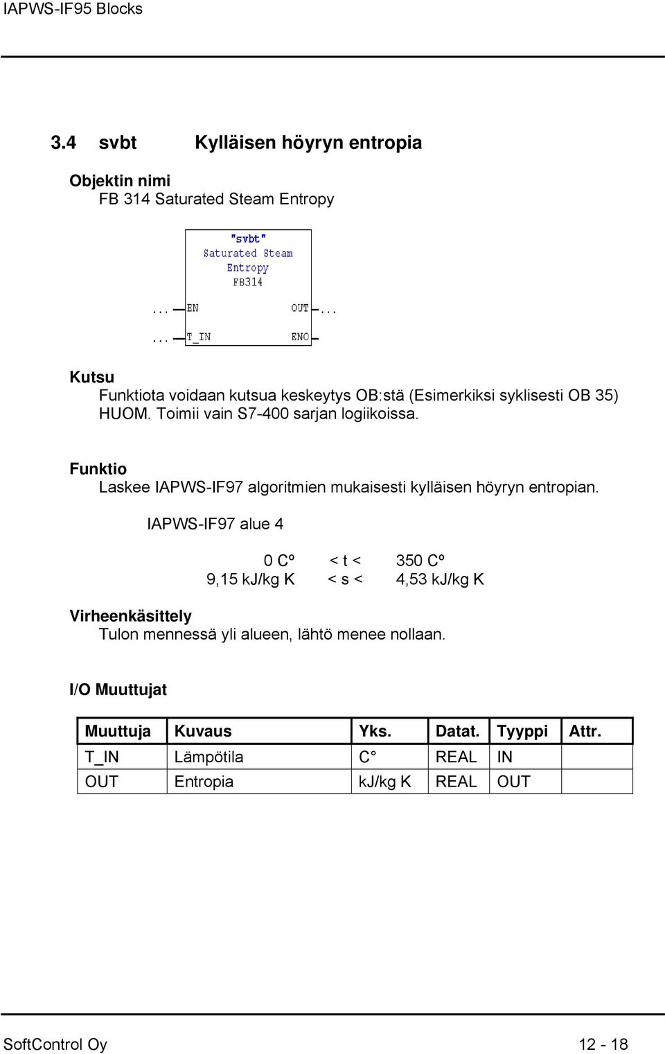 Laskee IAPWS-IF97 algoritmien mukaisesti kylläisen höyryn entropian.