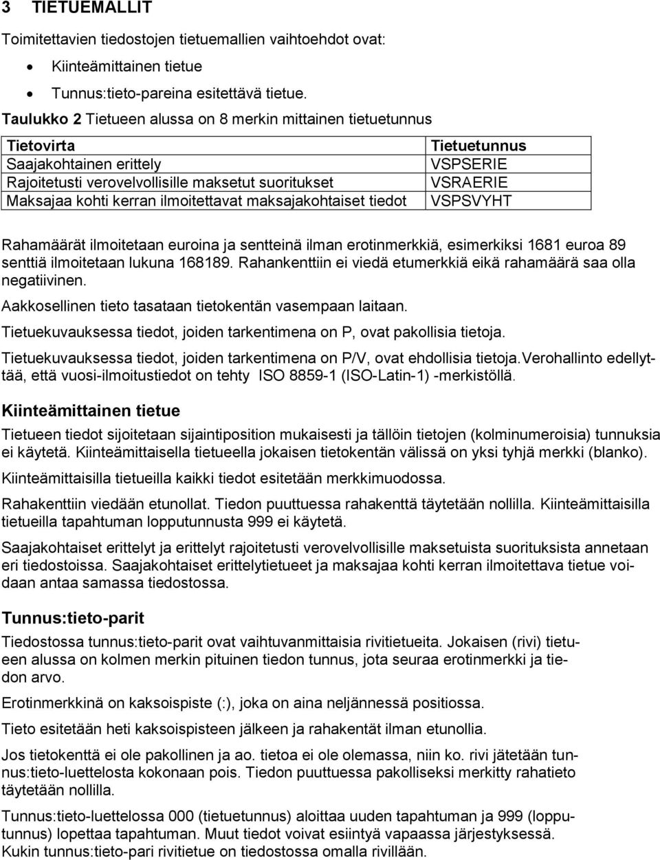 maksajakohtaiset tiedot VSPSVYHT Rahamäärät ilmoitetaan euroina ja sentteinä ilman erotinmerkkiä, esimerkiksi 1681 euroa 89 senttiä ilmoitetaan lukuna 168189.