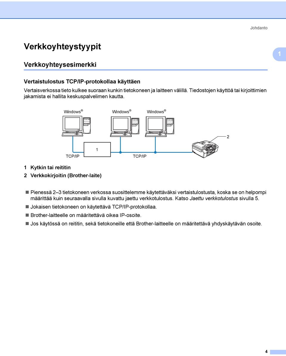 Windows Windows Windows 2 TCP/IP 1 TCP/IP 1 Kytkin tai reititin 2 Verkkokirjoitin (Brother-laite) Pienessä 2 3 tietokoneen verkossa suosittelemme käytettäväksi vertaistulostusta, koska se on