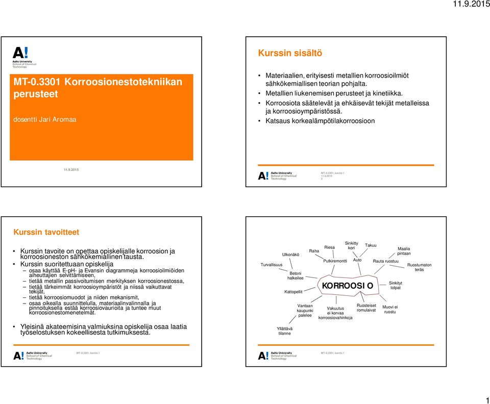 Katsaus korkealämpötilakorroosioon 2 Kurssin tavoitteet Kurssin tavoite on opettaa opiskelijalle korroosion ja korroosioneston sähkökemiallinen tausta.