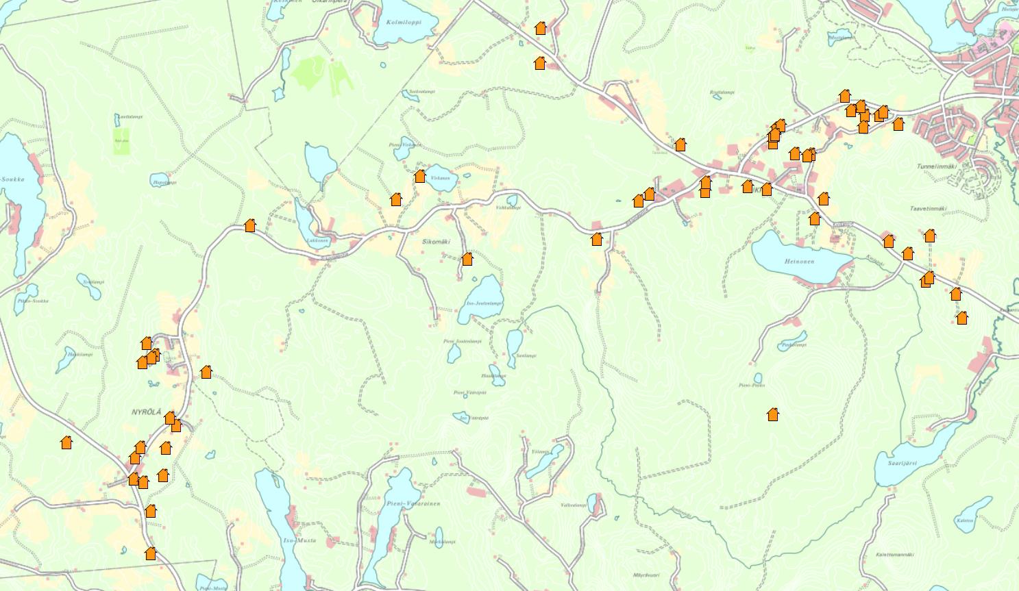 Mitä alueita merkittiin kartalle uudisrakentamiseen soveltuvina?