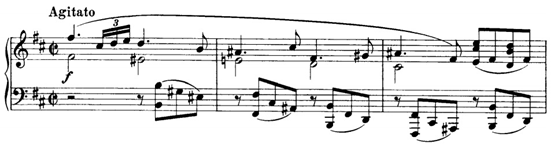 50 sävellaji on h-molli. Codan viimeisillä tahdeilla kappale kääntyy duuriin ja päättyykin valoisammissa tunnelmissa H-duuriin. KUVA 18. Jaksot A, B ja C Brahmsin rapsodiassa op. 79 nro 1.