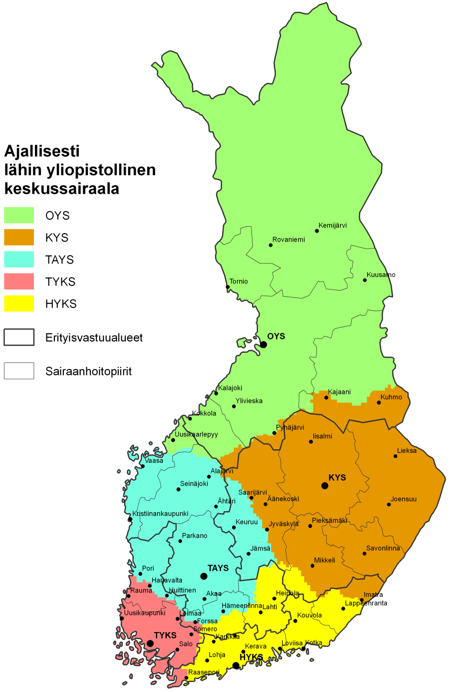 Yliopistosairaaloiden saavutettavuus ajallisesti lyhintä