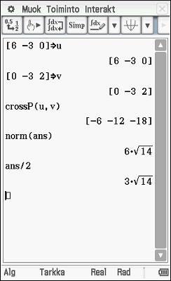 Tehtävä 9. Asettamalla vuoronperään kaksi koordinaateista nolliksi saadaan tason yhtälöstä ratkaistua kolmannen koordinaattiakselin ja tason leikkauspisteet (vasemmanpuoleinen kuva).