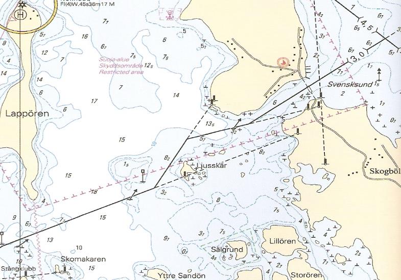 Tehtävä 3. Olet Lappörenin lounaispuolella 3,0m väylällä matkalla koilliseen ja klo 14.30 on Lappörenin eteläkärki suoraan sivulla. Jatkat matkaa merkittyä väylää pitkin.