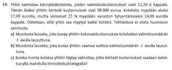 Ratkaisu: Merkitään valmistettujen tuotteiden lukumäärää x. Muodostetaan yhtälöt kuluille, tuotolle ja niiden erotuksena voitolle ja ratkaistaan laskut ClassPadilla.