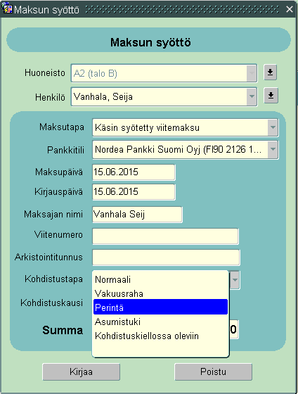 Muutoksiin tulee mukaan myös mahdolliset suoritukset, jotka ovat tulleet joko perintätoimistosta tai maksu on tullut muualta tai syötetty käsin.