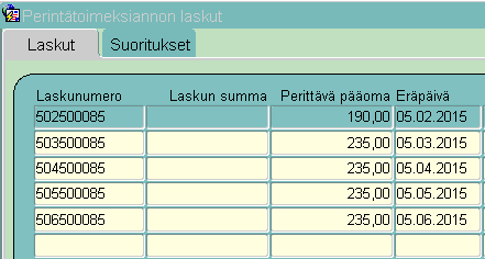 toimeksiannot valittuun perintätoimistoon. R-sarake kertoo onko kyseessä Fivaldin Myyntireskontrasta (M) vai Vuokrareskontrasta (K) tuleva toimeksianto. Toim.