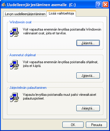 Täältä voi siis poistaa Windowsin osia, asennettuja ohjelmia (sama kuin lisää/poista sovellus) sekä vanhoja palautuspisteitä.