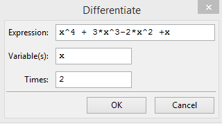 Esim 1. Laske funktion f(x) = x 4 + 3x 3 2x 2 + x toinen derivaatta. Saadaan alla oleva komentosolu ja tulossolu.