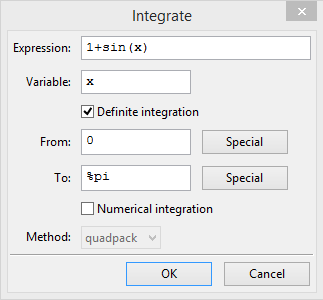 Esim 1. Laske määrätty integraali (S08/3a)[4] π 0 (1 + sinx)dx Saadaan seuraavanlainen komentosolu ja tulossolu.
