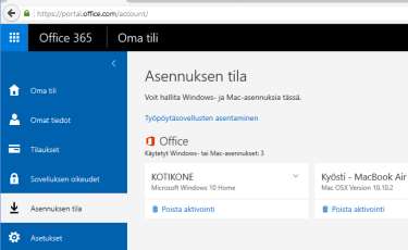 O365 hallinta pöytäkoneella Selaimella sivu portal.office.