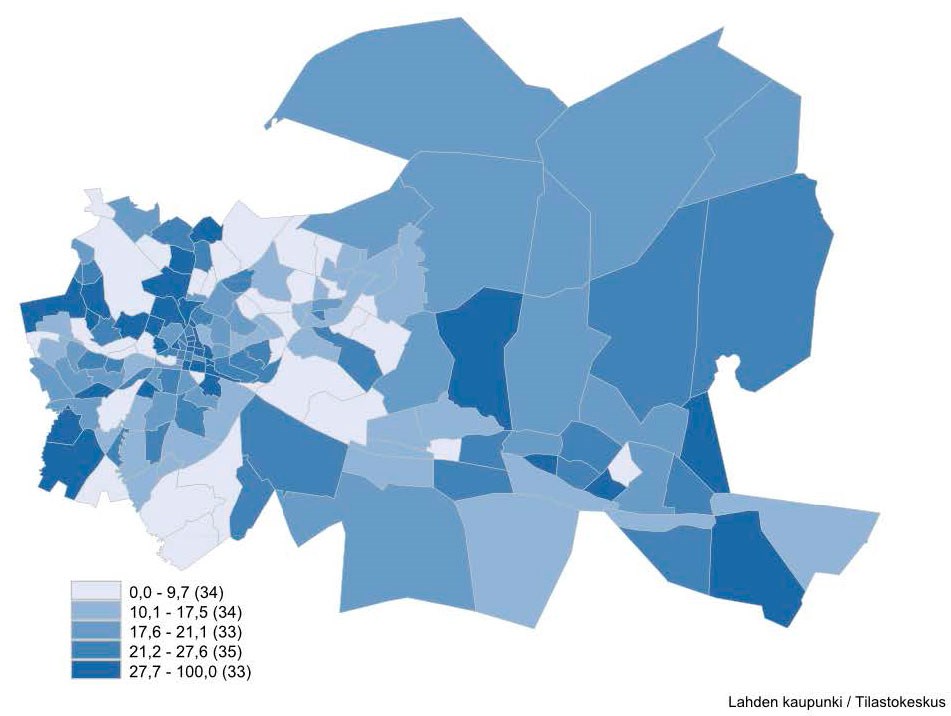 Tilastoalueittain tarkasteltuna lasten osuus väestöstä oli suurin Karistossa, Viuhassa, Renkomäessä sekä Ahtialassa Rekolan ja Pergerkadun tilastoalueilla.