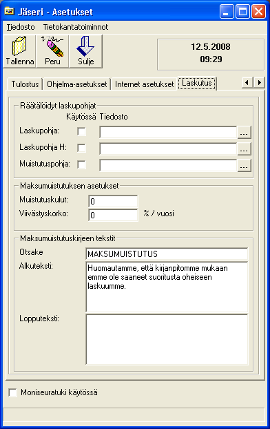 Laskutus Laskutus välilehdellä voidaan ottaa käyttöön räätälöity laskupohja. (Räätälöidyt laskupohjat pitää erikseen tilata Web-Medialta.