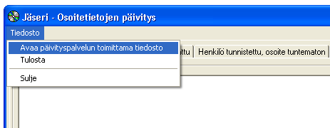 Päivityspalvelu osoitteille Jäserissä on toiminnot Itellan yksityishenkilöiden osoitepäivityspalvelun käytölle. Päivityspalveluun lähetetään tiedosto, jonka voi muodostaa Jäseristä.