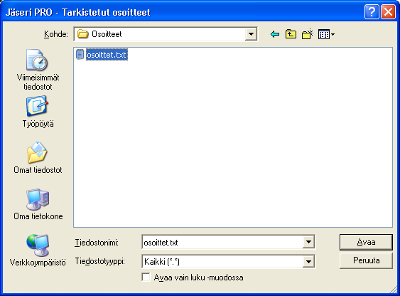 Avautuvassa ikkunassa pitää valita Jäserin luettavaksi Itellan toimittama tiedosto. Klikkaa valinnan jälkeen Avaa.