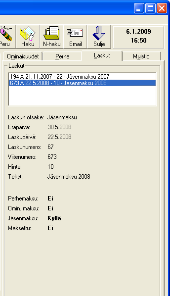 Perheet Näytössä olevalle jäsenelle voidaan muodostaa perhe. Uusi perhe luodaan rastimalla Perhe välilehdeltä Perheen laskutettava -valinta. Perheen laskutettava voidaan ajatella perheen pääksi.