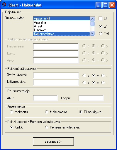 Haku: Perushaku ikkunan avaus [F6]. N-Haku: Nimihaku ikkunan avaus [F9]. Email: Sähköpostin lähetys valittuna olevalle jäsenelle. Sulje: Sulkee Jäsenrekisteri ikkunan [Alt + F4].