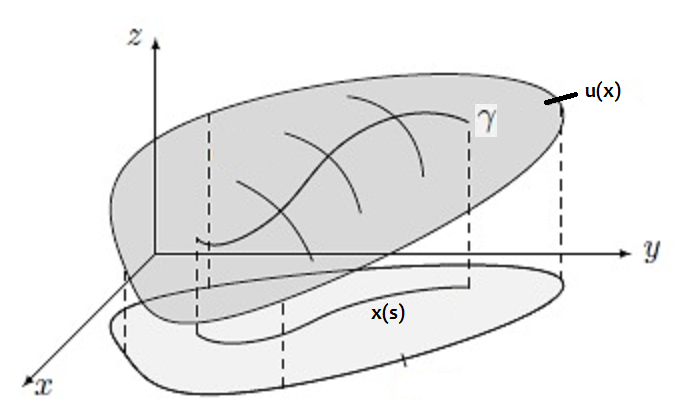 Eli ongelma voidaan muooilla seuraavasi: Esi pina, jonka normaali on kaikkialla orogonaalinen vekorikenälle (x, u(x)). Kuva: Karakerisinen käyrä γ avaruudessa R 3.