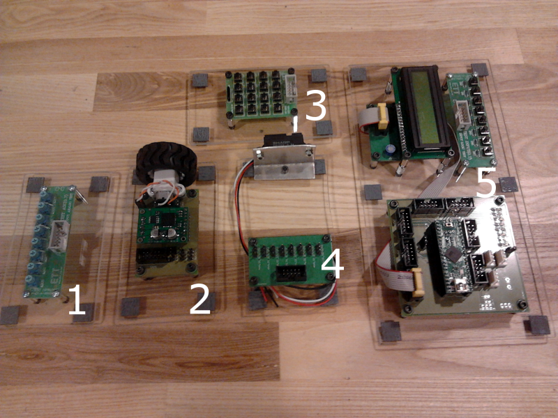 Kuva 1. Mikrokontrollerin sisältö (ilman kaapeleita): 1. Potentiometrimoduuli, 2. Moottoriohjainmoduuli, 3. Näppäinmatriisi, 4. Analogi/etäisyysmittausmoduuli, 5. Päämoduuli.