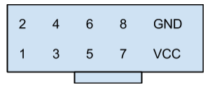 Kuva 2. 10-pinnisen liittimen pinnit, kun PCB:llä olevaa liitintä katsotaan ylhäältä päin. Pinneissä 1-8 kulkevat analogi- ja digitaalisignaalit, VCC on käyttöjännite ja GND on maa.