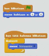 13 Ensimmäinen palikkaa käynnistää pelin eli klikattuasi vihreää lippua on peli käynnissä. Sen jälkeen hahmo menee aina sinne missä hiiren osoitin on. HUOM!