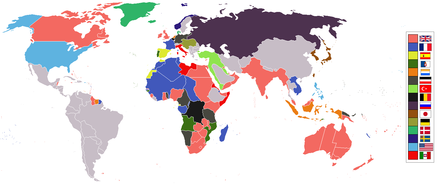 Map of colonial empires throughout the world in 1914.