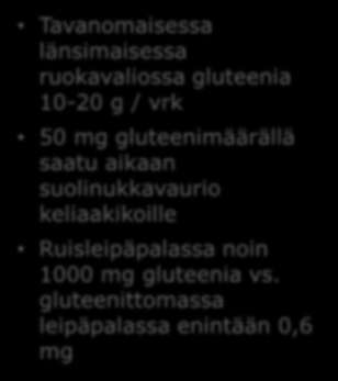 Keliakian hoitona gluteeniton ruokavalio Keliakian ainoa hoito on elinikäinen gluteeniton ruokavalio - Vehnä, ohra ja ruis pois ruokavaliosta Yksittäisen keliaakikon herkkyyttä gluteenille ei voi