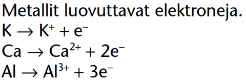 Ionin muodostuminen Koska pääryhmien (jaksollinen järjestelmä seuraavalla tunnilla) metalleilla on vain 1 3 ulkoelektronia, ne kaikki luovutetaan pois.