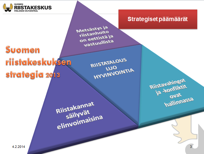 perustavoitteet ympäristöhallinnon kanssa Kipupisteenä kestävän käytön linjaukset kestävän, turvallisen ja eettisesti hyväksyttävän metsästyksen edistäminen Riistatalouden tulee olla