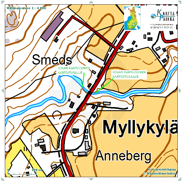 Myllykylän solan yläpuolinen kartoitusalue on luonteeltaan nivamainen (kuva 5) ja alapuolinen kartoitusalue on vuolaassa koskessa (kuva 6). Kartta 2.