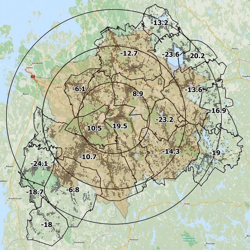 Väestöllinen aluerakenne Saavutettavuus Seinäjoki - 60 min Yli 75 km 192 586 100% 75 Km 192 000 97% 50 Km 140
