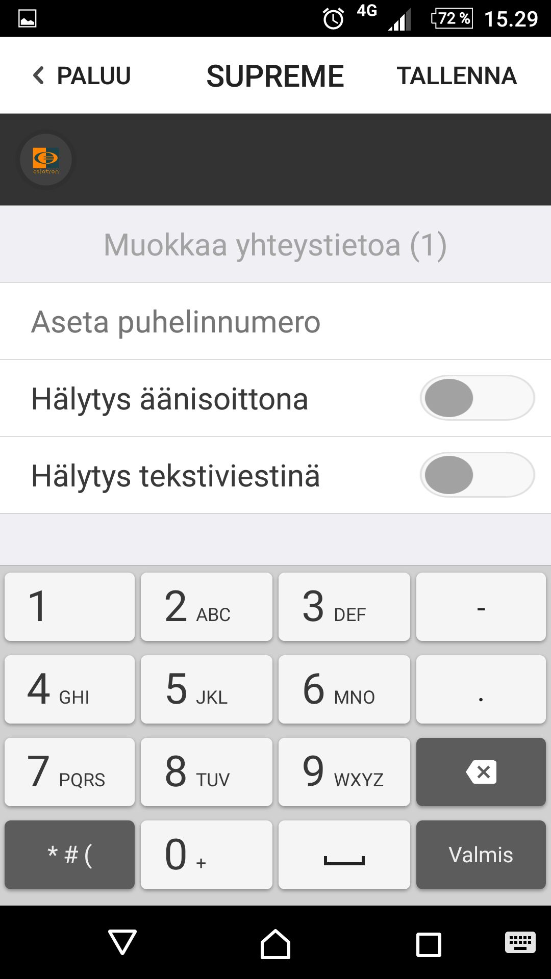 Hälytysnumeroiden lisääminen - Siirry pääsivulta oikealle siirtyäksesi Asetukset välilehdelle. - Paina [Hälytysnumerot]. 6 eri käyttäjää voidaan lisätä. Valitse numero muokataksesi sitä.