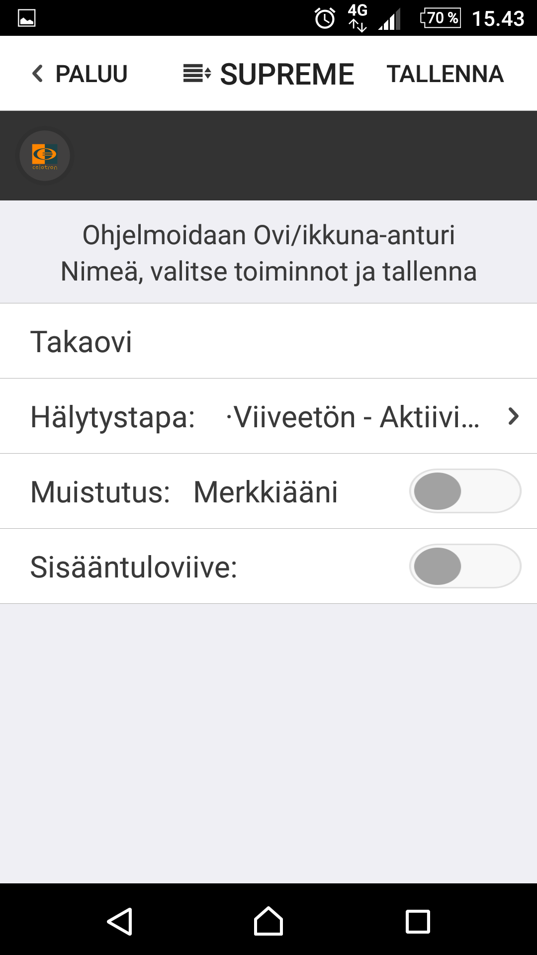 Huom-1: Kun lisätään langaton sireeni / AC ohjain, tulee niiden olla jännitteellisiä ennen asetusten talletusta.