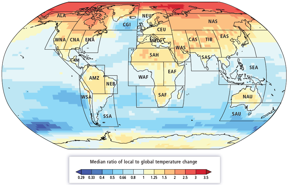 Sub-regions used for climatological analyses in WG II AR5 Background map: CMIP5 ensemble median ratio of local:global