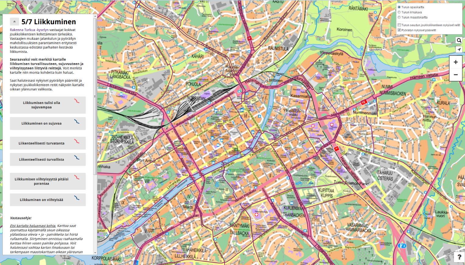 62 (78) 7 LIIKKUMINEN Vastaajat saivat lisäksi merkitä kartalle liikkumisen turvallisuuteen, sujuvuuteen ja viihtyisyyteen liittyviä reittejä.