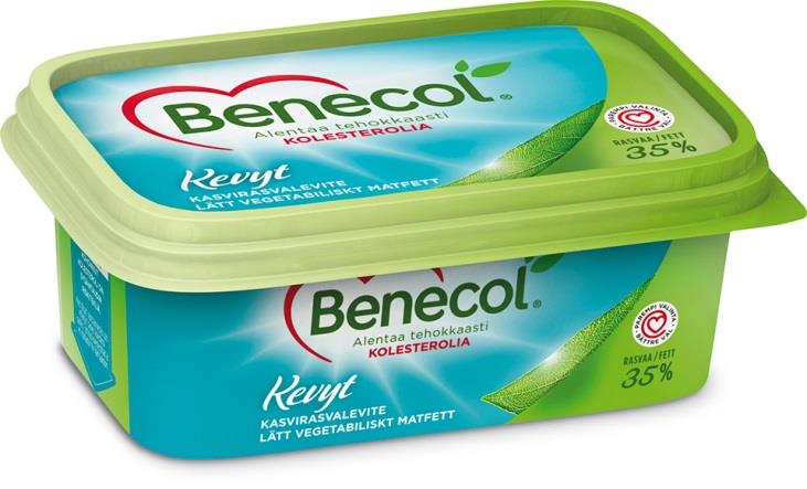Benecol Kevyt Kasvirasvalevite 35 % 450 g ja 225 g Benecol-levitteiden vähärasvainen klassikko Kevyt, vähälaktoosinen vaihtoehto leivälle levitettäväksi Erinomainen rasvakoostumus: 75 % rasvasta