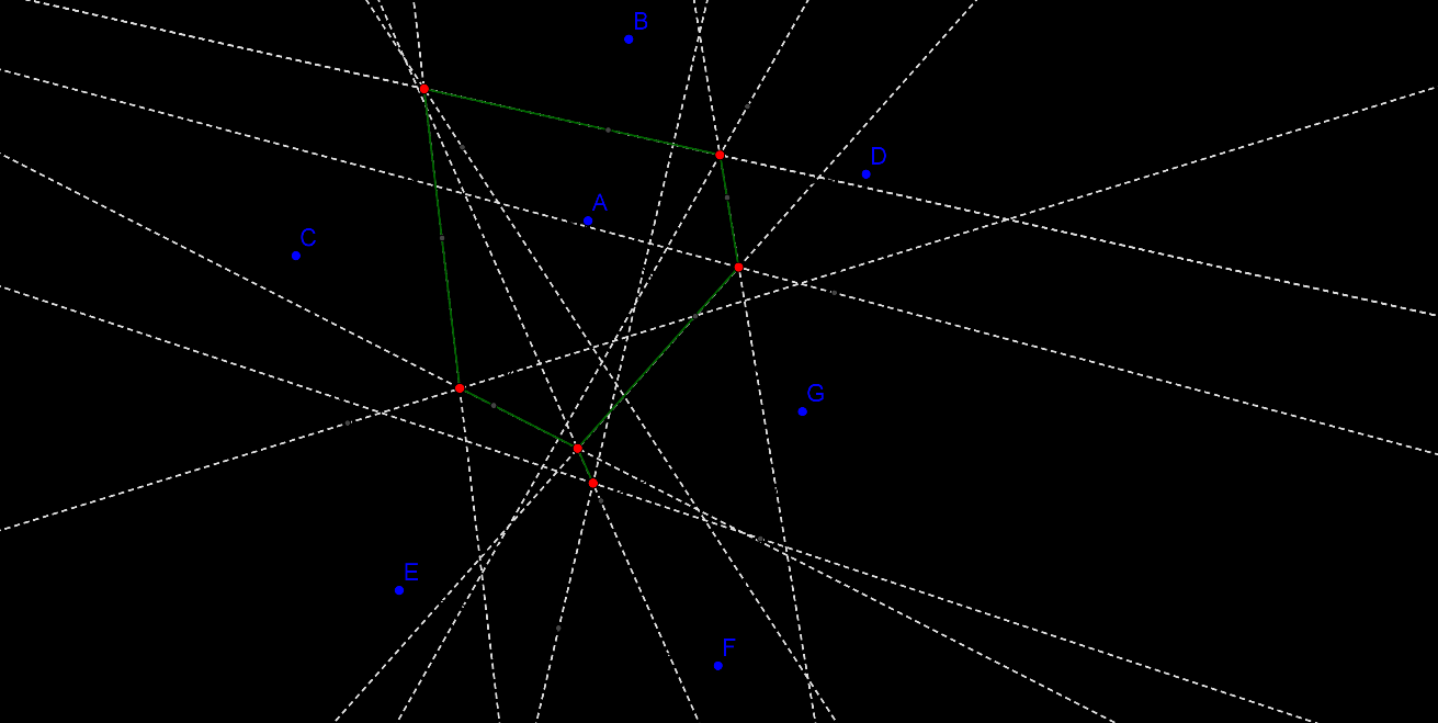 7. Yhdistä pistettä A ympäröivät leikkauspisteet janoilla niin, että piste A jää niiden sisäpuolelle. Nyt pisteen A Voronoin solu on valmis!