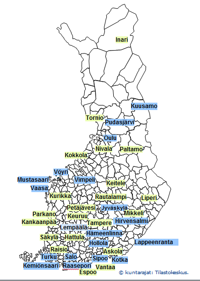 Tutkimuskunnat Yhteensä 40 kuntaa * Kursivoidut kunnat kaksikielisiä * 1 kuntaa samoja, jotka osallistuivat myös Paras-ARTTUohjelmaan 200-20 (merkitty sinisellä) * 21 uutta tutkimuskuntaa (vihreällä).