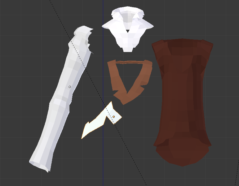 16 7.3 Vaatteet KUVA 7. Vaateparsien mallintaminen erillisinä objekteinaan. (Blender) Shawnille mallinnettiin housut, kauluspaita, kengät sekä takki. Ne mallinnettiin yksipuolisena planena.