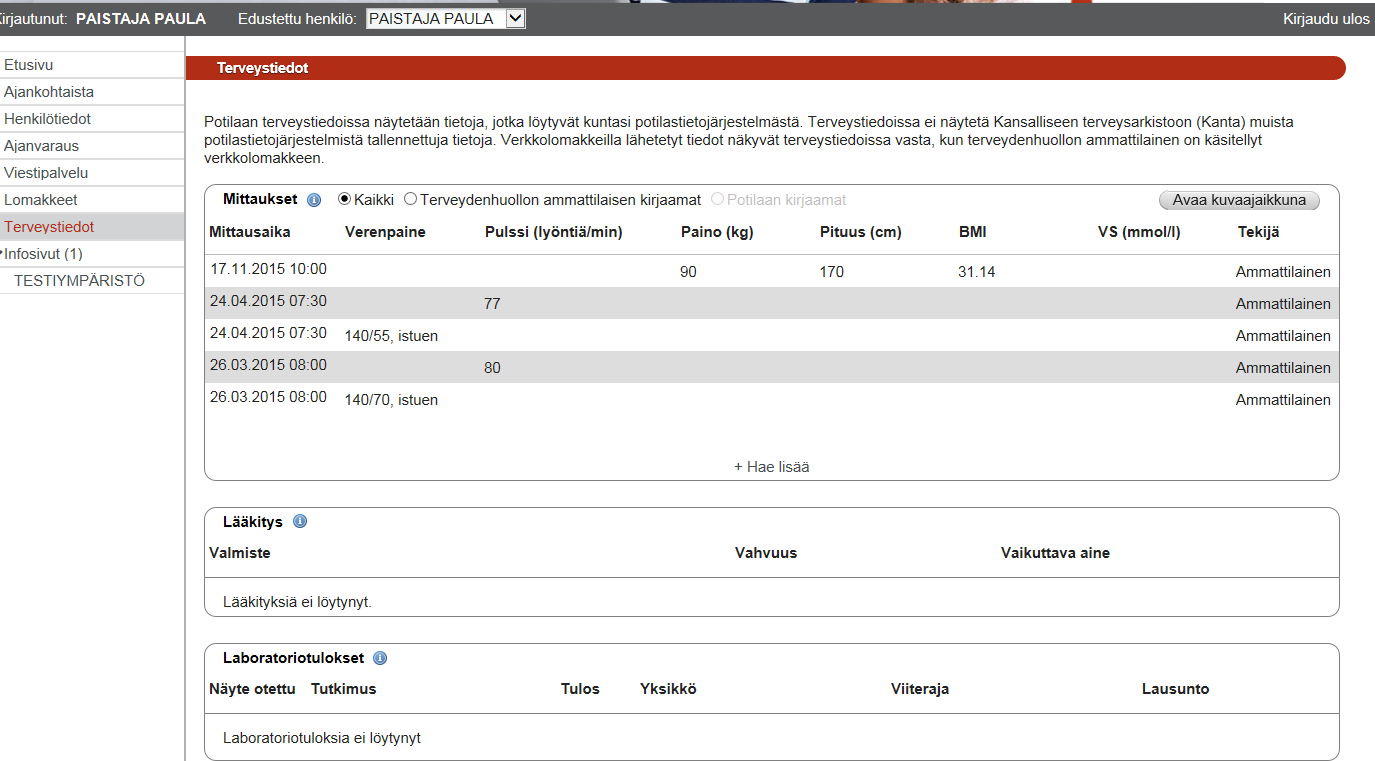 Terveystiedot välilehdellä näet tietoja, jotka ovat