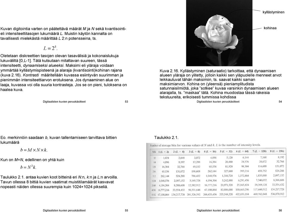 Mksimi eli ylärj voidn ymmärtää kyllästymispisteenä j lrj (kvntisointi)kohinn rjn (kuv 2.16). Kontrsti määritellään kuvss esiintyvän suurimmn j pienimmän intensiteettirvon erotuksen.