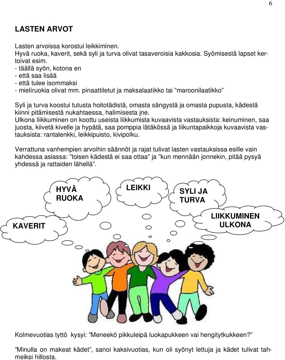 pinaattiletut ja maksalaatikko tai maroonilaatikko Syli ja turva koostui tutusta hoitotädistä, omasta sängystä ja omasta pupusta, kädestä kiinni pitämisestä nukahtaessa, halimisesta jne.